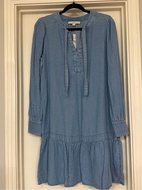 LOFT Light Blue Tie-Neck Chambray Dress